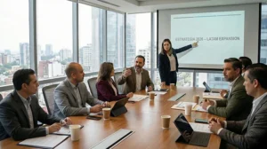 Ejecutivos farmacéuticos analizando indicadores de ROI en planeación de eventos médicos 2026