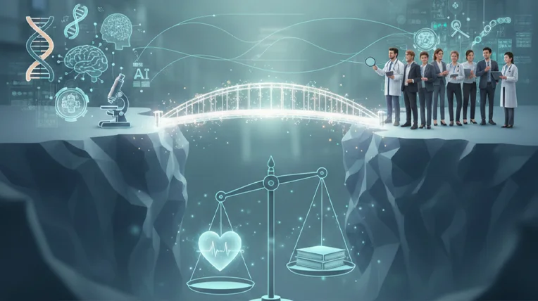 Ilustración sobre la comunicación ética de avances médicos complejos y sus implicaciones sociales